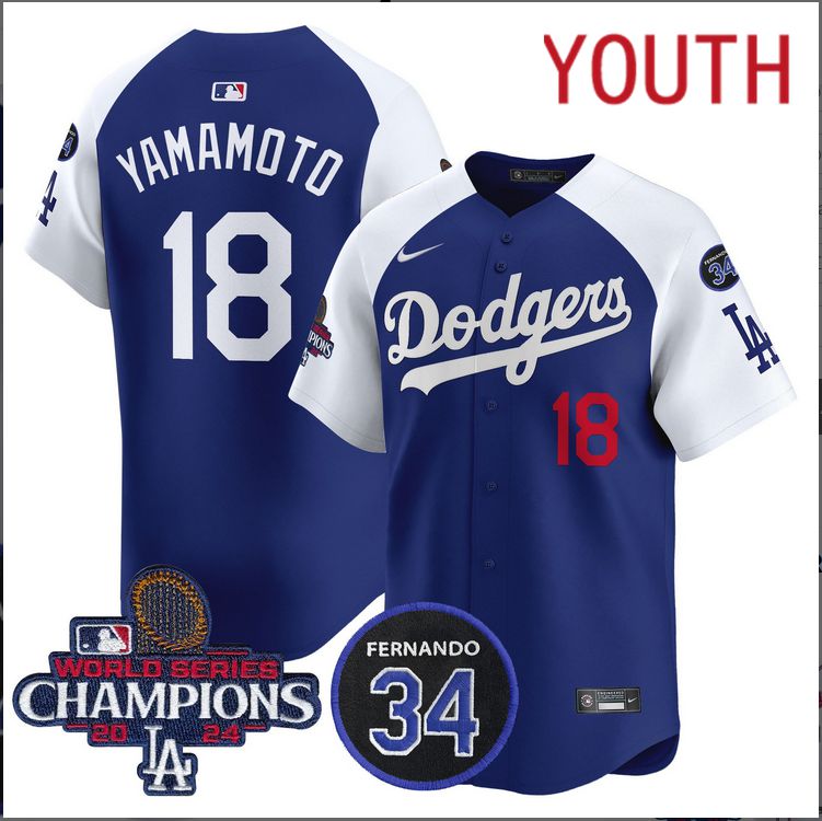 Youth  MLB Los Angeles Dodgers #18 Yamamoto blue 2024 World Series Champions Patch Limited Jersey style 3